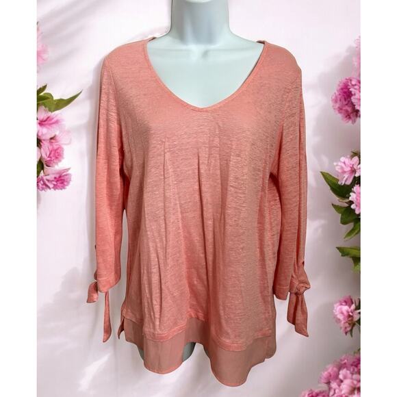 Sanctuary Sylvie V-Neck Pink Top Sz Small Linen Tee 3/4 Tie Sleeve Blouse Shirt - Picture 1 of 5